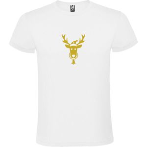 Wit T-Shirt met “ Kerst Eland / Rendier “ Afbeelding Goud Size L
