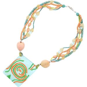 Behave Dames ketting blauw oranje met houten kralen en schelpen hanger 55 cm