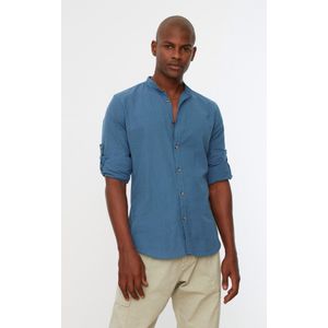 Trendyol Donkerblauwe Slim Fit Basic Judge Collar Met Epauletten 100% Katoenen Linnenlook Overhemd Tmnss20Go0188
