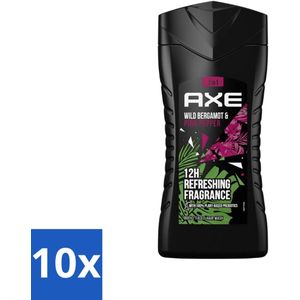10 x Axe - 3-in-1 Douchegel - Wild Bergamot & Pink Pepper - 100% Plantaardig - 250 ml - Mannelijke Geur - Frisse Geur - Deodorant - Verzorging - Duurzaam