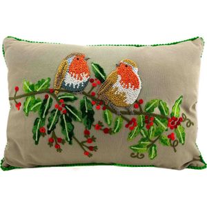 Sierkussen rechthoekig 35x50cm beige met roodborstjes