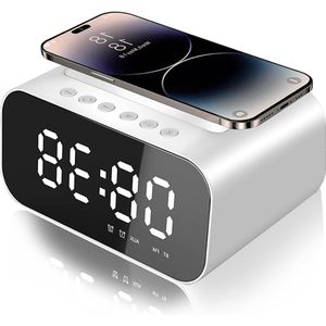 Mrs. Jones Digitale radiowekker draadloos laadstation spiegel Bluetooth dubbele alarmen snooze temperatuur 3 helderheid 16 volumeniveaus kantoor slaapkamer (wit) .