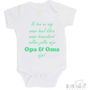 100% katoenen Romper ""Ik ben nu nog maar heel klein maar binnenkort zal jij mijn opa & oma zijn!"" Unisex Katoen Wit/mint Maat 56/62
