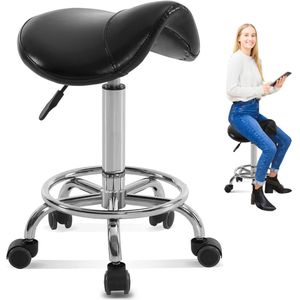 ApexArte® Zadelkruk op Wielen - Kapperskruk Ergonomisch - Tabouret - Zwart