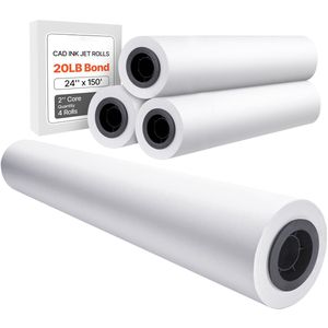 Grootformaat Papier, 24 Inch X 150 Voet Plotterpapier, 4 Rollen Cad Bondpapier mrt 2 Inch Kern, 20 Lb Bondpapier Rollen, Ideaal voor Cad-Tekeningen, Technische Plannen, Gis-Kaarten