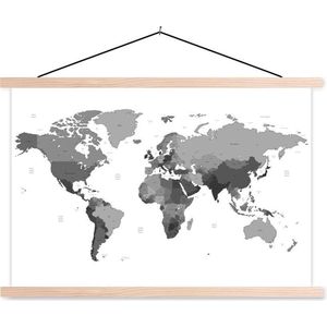 Posterhanger incl. Poster 150x100 cm - Schoolplaat - Wereldkaart op een witte achtergrond - zwart wit - Textielposter - Blanke latten