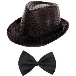 Toppers - Folat - Verkleedkleding set - Glitter hoed/strikje zwart volwassenen