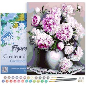 Figured'Art Schilderen op Nummer Volwassenen met lijst - Vaas met pioenrozen - Handwerk acrylverf Kit DIY Compleet - 40x50cm Canvas al ingelijst