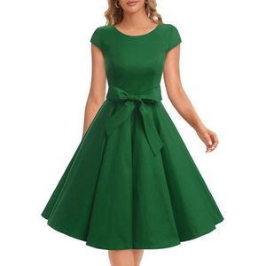 Vintage 1950s Polka Dot en Effen Kleur Prom Jurk met Cap Mouwen