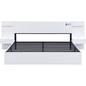 Gotagee Tweepersoonsbed 180x200cm, houten bed, met USB-aansluiting, elektronische klok, Bluetooth-luidspreker, gekleurde lichtstrip, 2 nachtkastjes (zonder lades), matras niet inbegrepen, wit