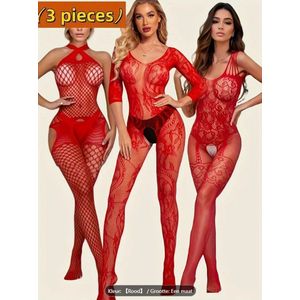 3-pack sexy bodysuit rood- sexy lingerie - open kruis -