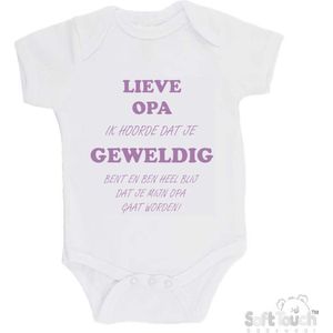 100% katoenen Romper ""Lieve opa ik hoorde dat je geweldig bent en ben heel blij dat je mijn opa gaat worden!"" Meisjes Katoen Wit/lila Maat 56/62