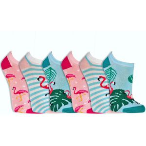 Dames sneakersokken | no show sokken | enkelsokken | 6 paar | thema: flamingo | hoogwaardig katoen
