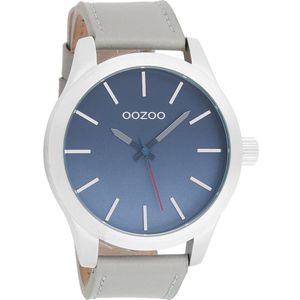 OOZOO Timepieces - Zilverkleurige horloge met licht grijze leren band - C8555