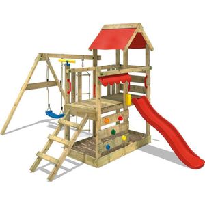WICKEY speeltoestel klimtoestel TurboFlyer met schommel en rode glijbaan, outdoor klimtoren voor kinderen met zandbak, ladder en speelaccessoires voor de tuin