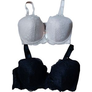 Dames - Voorgevormde BH - Set van 2 - Verstelbare bandjes - Merk Caralino - Kleur Zwart & Champagne - Met Kant - Maat 105E