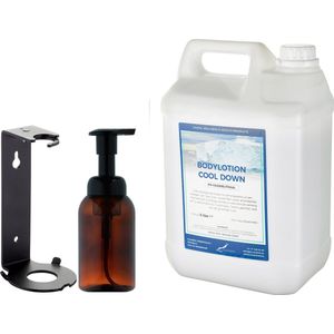 Zeepdispenser 300 ml amber bruin hervulbaar + 5 Liter Bodylotion Cool Down navulling (inclusief beugel)