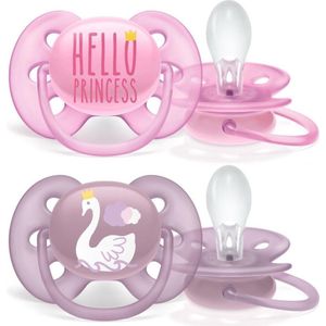 Philips Avent Ultra Soft Fopspeen - 6 tot 18 Maanden - 2 Speentjes - Roze/Paars Hello Princess/Zwaan - SCF223/02