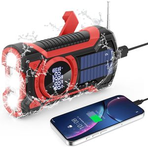 Draagbare noodradio - Zonnesolar handkraan Weerradio Noodkit, AM/FM/NOAA, LED zaklamp, leeslamp, telefoonlader, SOS-alarm, noodpreparatie (Rood)
