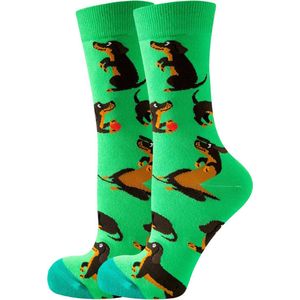 Dames sokken - groen - bruin - print hond - teckel - 36-40