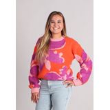 FRNCH - Ayme - Trui - Oranje met Roze en Paarse Print - Rechte Pasvorm