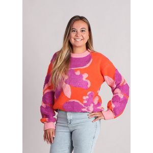 FRNCH - Ayme - Trui - Oranje met Roze en Paarse Print - Rechte Pasvorm