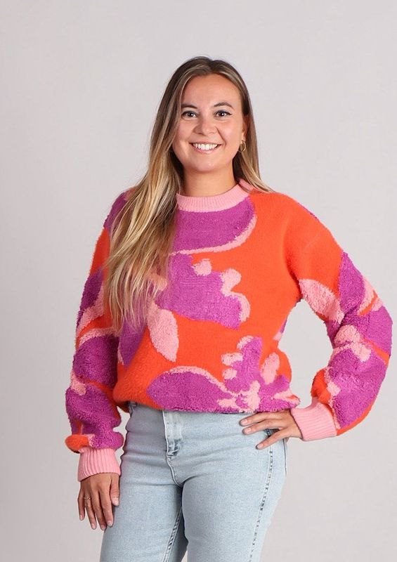 FRNCH - Ayme - Trui - Oranje met Roze en Paarse Print - Rechte Pasvorm