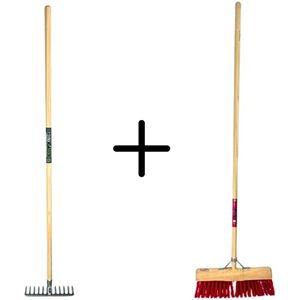 Synx Tools Tuinhark 10 Tanden verzinkt + Nylon Gemeente Straatbezem 45 cm – Bodembewerkers - Onkruidverwijderaar – Schrobborstels – Hark met steel 150 cm – Buitenbezem met steel 160 cm