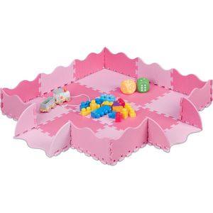 Relaxdays 25-delige Speelmat met Rand - Puzzelmat Kinderkamer - Speeltegels - Vloerpuzzel - Roze