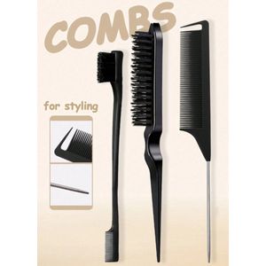 Slick Back Hair Brush - Slickback Hairbrush Set van 3 - Haarborstel - Toupeerkam - Toupeerborstel - Hairbrush - Slick Back Brush - Slick Back Bun Brush - Zwart