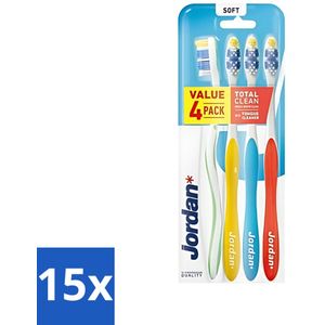 Jordan - Total Clean - Tandenborstels Soft - 4 Tandenborstels - Bulkverpakking - 15 stuks
