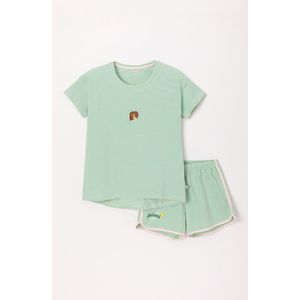 Woody pyjama meisjes/dames - lichtroze/groen gestreept - leeuw - 241-10-PZG-Z/912 - maat S
