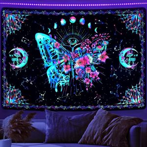 Blacklight Vlinder Wandtapijt, UV-reactieve bloemen, wanddoek, maanfasen, mot, wandtapijt, hippie, esthetisch, voor slaapkamer en woonkamer, 210 x 150 cm