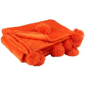 J-Line Plaid Pompom - fleece deken - polyester - oranje - 170 x 130 cm - woonaccessoires