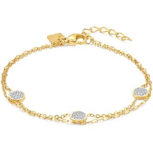 Twice As Nice Armband in goudkleurig edelstaal, dubbele ketting, 3 rondjes met witte kristallen 16 cm+3 cm