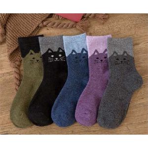 Dames Wol Sokken - 3 paar - Huissokken - Wandelsokken - grijs - paars - mix - random - leuke print kat - 36 - 40 - warm - cadeau voor haar - gift - geschenk - Kerst cadeau