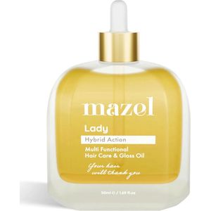 Mazel Lady Hybrid Action Glossing & Multi Functional Hair Care Oil, Haarverzorgingsolie Verrijkt met Druivenpitolie, Arganolie en Zonnebloemolie, Mix van Plantaardige Extracten en Vitaminen, Te Gebruiken als Haarmasker - 50 ml
