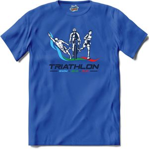 Triathlon Swim, Bike and Run | Triathlon - Zwemmen - Fietsen - Hardlopen - Sport - T-Shirt - Unisex - Royal Blue - Maat M
