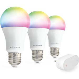Caliber Smart Lamp E27 - Slimme Lamp RGB en Warm Wit - Set van 3 met Gateway - Slimme verlichting - LED Lamp Ledlamp - Dimbaar - Tuya Smart (HBT-E27-STARTPACK)