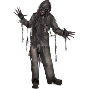 KIMU Kostuum Zombie Verbrand Zwart Pak - The Walking Dead Zombiepak Met Masker Halloween - Skelet Brand Horror Burned Eng Geest Festival