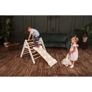 W&H Montessorih houten speeltoestel voor kinderen - klimdriehoek Pikler met glijbaan en klimwand - verstelbaar - Naturel en Wit