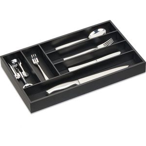 Relaxdays bestekbak zwart - 6 vakken - bestek organizer - bamboe - keukenlade organizer