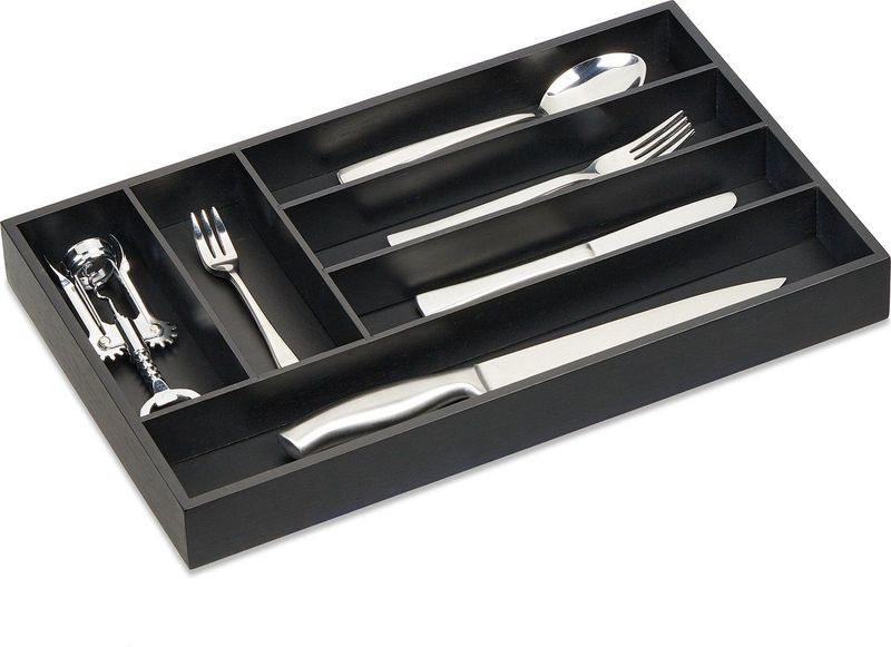 Relaxdays bestekbak zwart - 6 vakken - bestek organizer - bamboe - keukenlade organizer