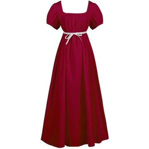 Allecto Plus - Dames Middeleeuwse Regency Jurk met Ruches en Pofmouwen - Midi Lengte - A-lijn - Halloween Kostuum
