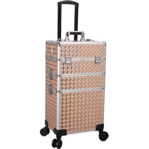 Kapper Koffer Gouden Kleur | Nagel | Visagist | Make-up | Cosmetica | Schminken | Trolley stevig en gemaakt van aluminium | 3 Delig | 8 Wielen | Bedekt met mooie diamantjes