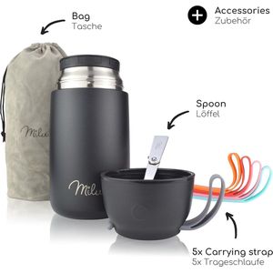 thermocontainer lunchbox 450, 650, 800 ml | roestvrijstalen isolatiehouder voor warme gerechten, eten, babyvoeding, soep, fruit | thermobox voor baby | thermodoos (Zwart, 800ml)