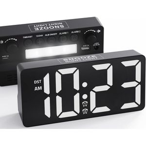 Digitale wekker met nachtlampje, 7-traps volume, dual alarm, snooze en grote cijfers voor school, kantoor en slaapkamer