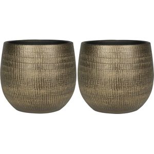 Set van 2x Stuks Plantenpotten/Bloempotten In Een Strakke Modern Design Look Metal Goud Dia 22 cm en Hoogte 20 cm