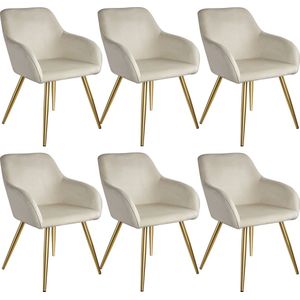 tectake® - Set van 6 eetkamerstoelen | Comfortabele Fauteuils met armleuningen | Gestoffeerde stoelen, Loungestoelen voor woonkamer, eetkamer | Moderne Keukenstoelen, Bureaustoel - creme/goud