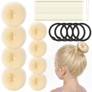 Haarknotmakerset - 4 kleine en 4 grote haardonuts voor knotten, 40 haarspeldjes, 5 haarelastiekjes zwart, knotmaker - Beige